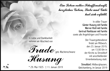 Traueranzeige von Trude Husung von Südthüringer Presse