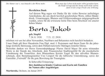 Traueranzeige von Berta Jakob von Südthüringer Presse