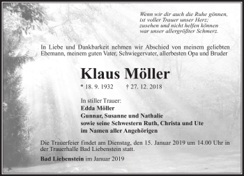 Traueranzeige von Klaus Möller von Südthüringer Presse