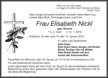 Traueranzeige von Elisabeth Nickl von Frankenpost
