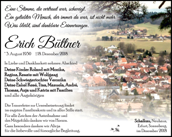 Traueranzeige von Erich Büttner von Südthüringer Presse