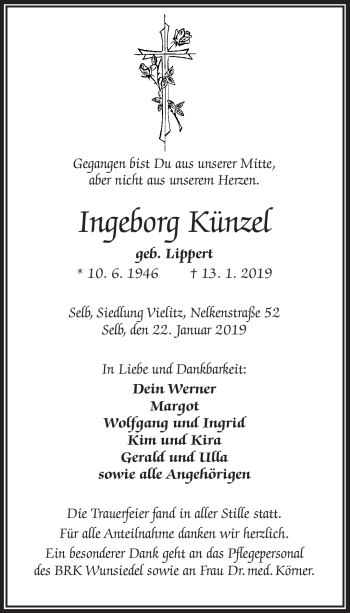 Traueranzeige von Ingeborg Künzel von Frankenpost