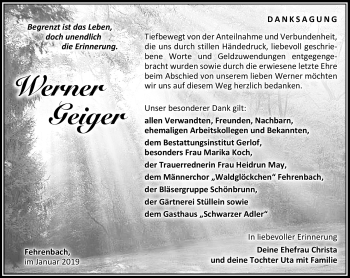 Traueranzeige von Werner Geiger von Südthüringer Presse