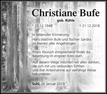 Traueranzeige von Christiane Bufe von Südthüringer Presse