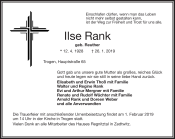 Traueranzeige von Ilse Rank von Frankenpost