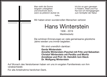 Traueranzeige von Hans Winterstein von Frankenpost