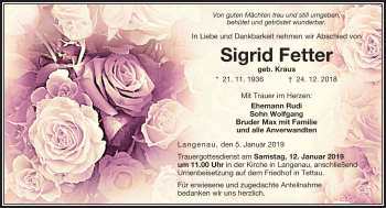 Traueranzeige von Sigrid Fetter von Neue Presse Coburg