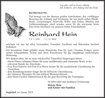 Traueranzeige von Reinhard Hein von Südthüringer Presse