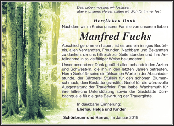 Traueranzeige von Manfred Fuchs von Südthüringer Presse