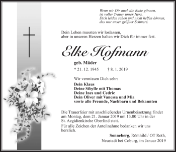 Traueranzeige von Elke Hofmann von Südthüringer Presse
