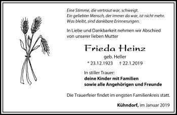 Traueranzeige von Frieda Heinz von Südthüringer Presse
