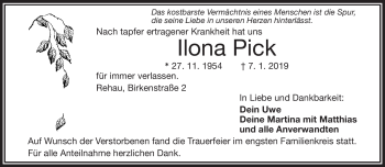 Traueranzeige von Ilona Pick von Frankenpost