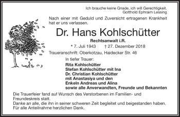 Traueranzeige von Dr. Hans Kohlschütter von Frankenpost