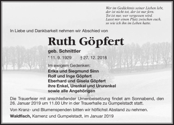 Traueranzeige von Ruth Göpfert von Südthüringer Presse