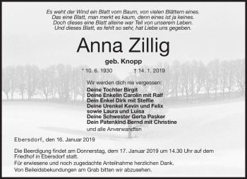 Traueranzeige von Anna Zillig von Neue Presse Coburg