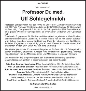 Traueranzeige von Ulf Schlegelmilch von Südthüringer Presse