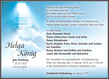 Traueranzeige von Helga König von Südthüringer Presse