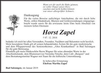 Traueranzeige von Horst Zapel von Südthüringer Presse