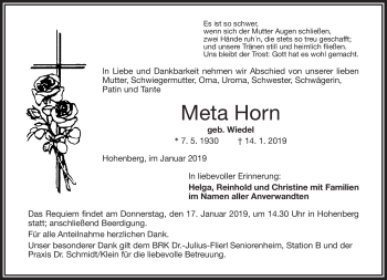 Traueranzeige von Meta Horn von Frankenpost