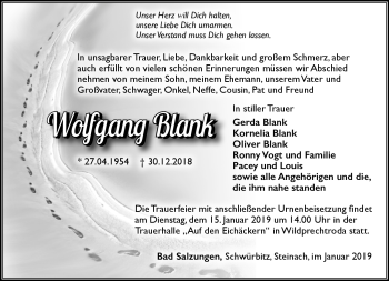 Traueranzeige von Wolfgang Blank von Südthüringer Presse