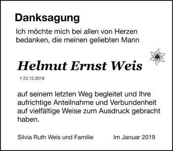 Traueranzeige von Helmut Ernst Weis von Südthüringer Presse