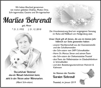 Traueranzeige von Marlies Behrendt von Südthüringer Presse
