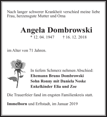Traueranzeige von Angela Dombrowski von Südthüringer Presse