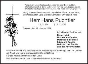 Traueranzeige von Hans Puchtler von Frankenpost