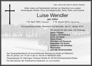 Traueranzeige von Luise Wendler von Frankenpost