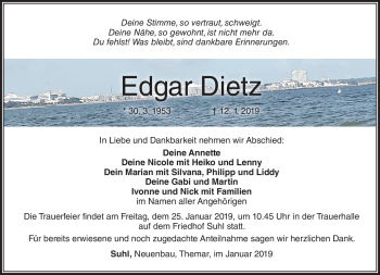 Traueranzeige von Edgar Dietz von Südthüringer Presse