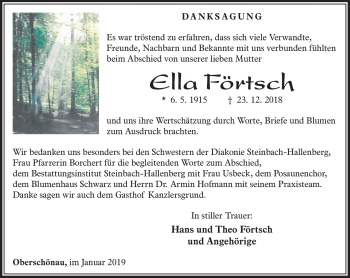 Traueranzeige von Ella Förtsch von Südthüringer Presse