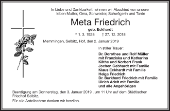 Traueranzeige von Meta Friedrich von Frankenpost
