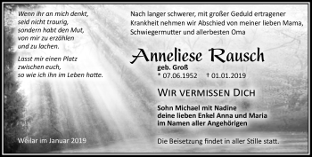 Traueranzeige von Anneliese Rausch von Südthüringer Presse