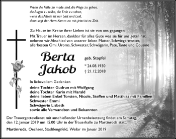 Traueranzeige von Berta Jacob von Südthüringer Presse