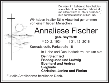 Traueranzeige von Annaliese Fischer von Frankenpost