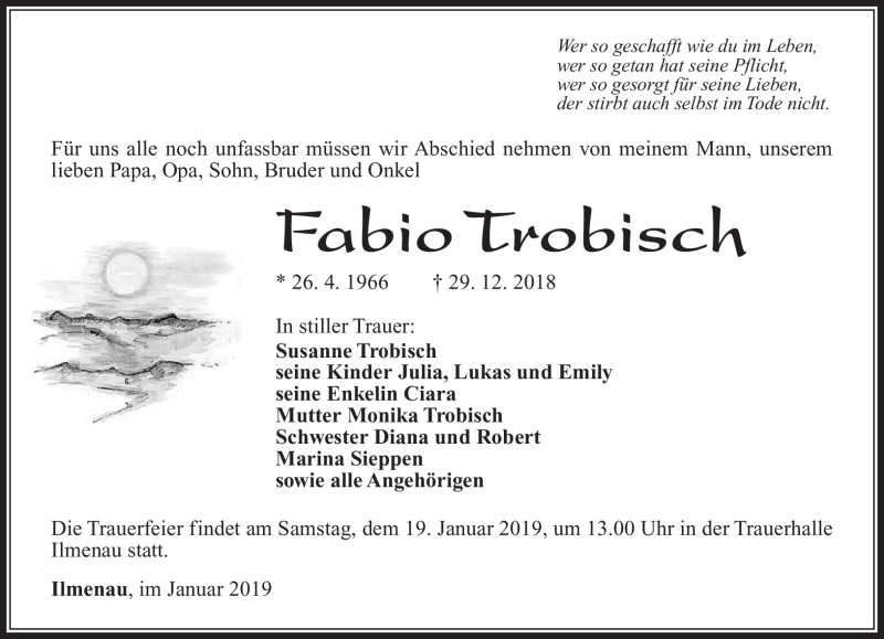  Traueranzeige für Fabio Trobisch vom 05.01.2019 aus Südthüringer Presse
