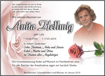 Traueranzeige von Anita Hellmig von Südthüringer Presse