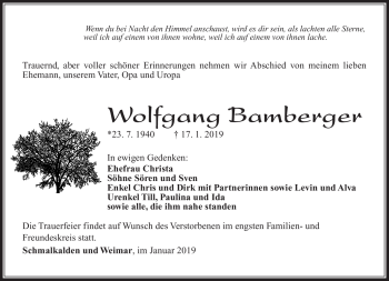 Traueranzeige von Wolfgang Bamberger von Südthüringer Presse
