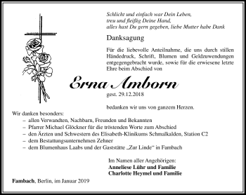Traueranzeige von Erna Amborn von Südthüringer Presse