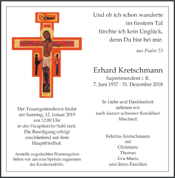 Traueranzeige von Erhard Kretschman von Südthüringer Presse