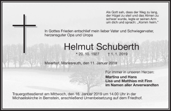 Traueranzeige von Helmut Schuberth von Frankenpost