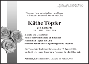 Traueranzeige von Käthe Töpfer von Südthüringer Presse