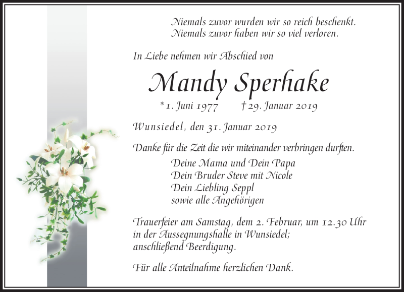  Traueranzeige für Mandy Sperhake vom 31.01.2019 aus Frankenpost