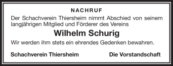 Traueranzeige von Wilhelm Schurig von Frankenpost