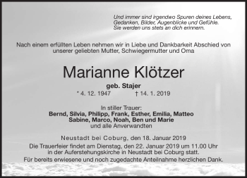 Traueranzeige von Marianne Klötzer von Neue Presse Coburg