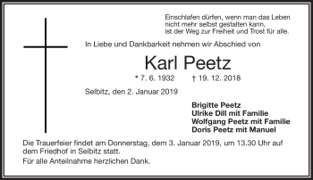 Traueranzeige von Karl Peetz von Frankenpost