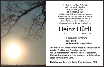 Traueranzeige von Heinz Hüttl von Südthüringer Presse