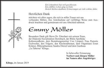 Traueranzeige von Emmy Möller von Südthüringer Presse