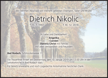 Traueranzeige von Dietrich Nikolic von Neue Presse Coburg