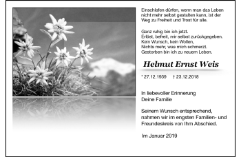 Traueranzeige von Helmut Weis von Südthüringer Presse